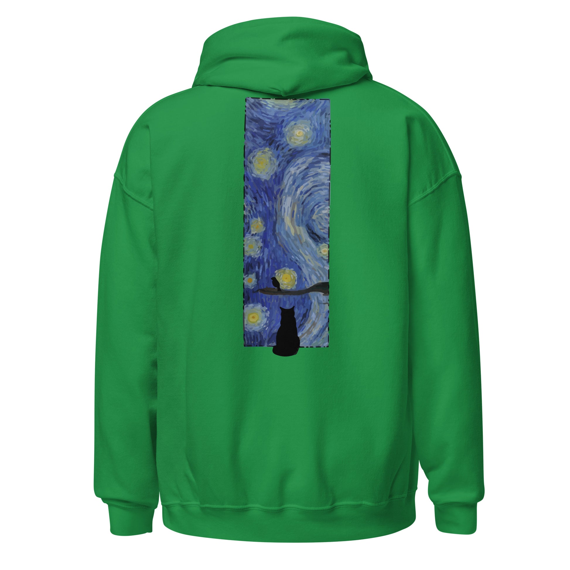 Margi logo hoodie starry night Vincent van Gogh cat looking out window, cat looking outside at bird original design hand drawn illustration irish green back