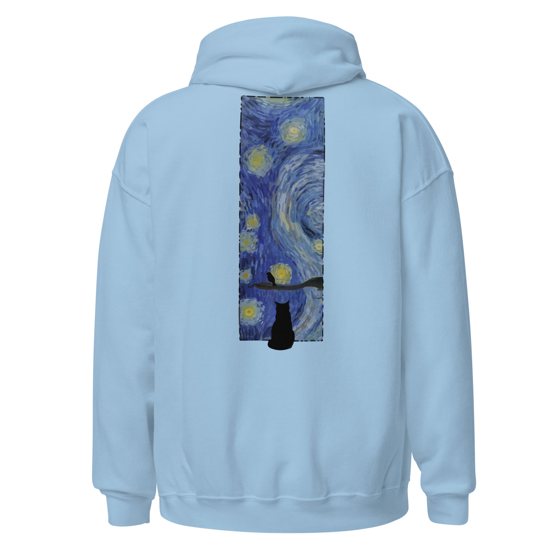 Margi logo hoodie starry night Vincent van Gogh cat looking out window, cat looking outside at bird original design hand drawn illustration light blue back