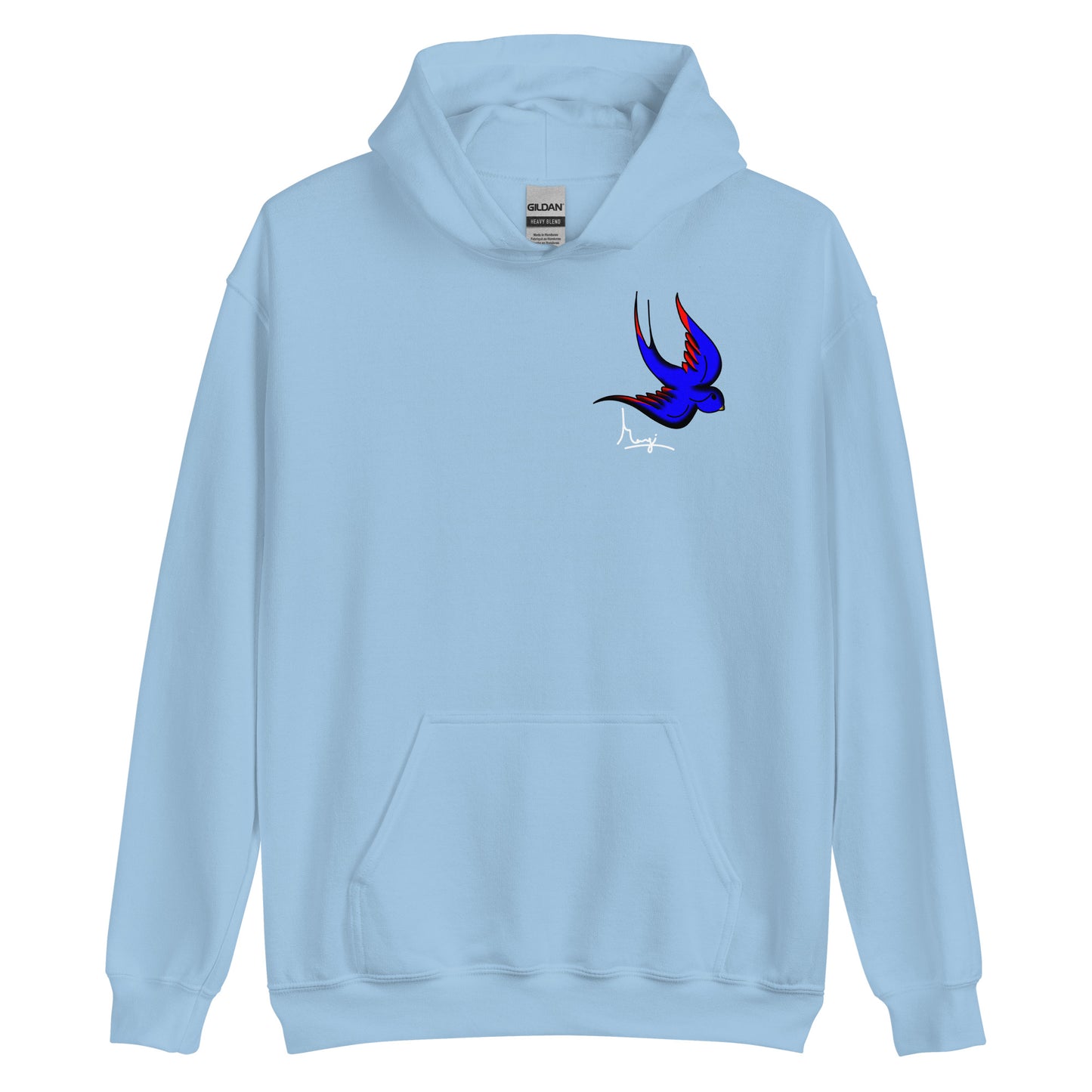 Margi logo hoodie swallow bird original flash old american tattoo style drawing original design hand drawn illustration light blue 