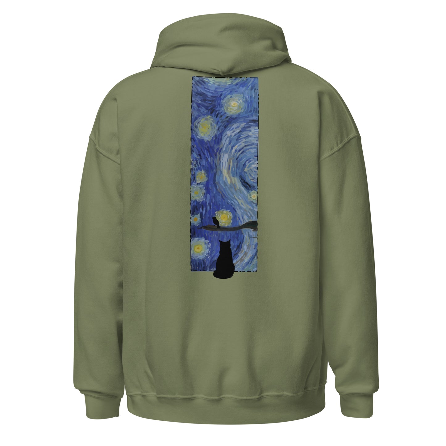 Margi logo hoodie starry night Vincent van Gogh cat looking out window, cat looking outside at bird original design hand drawn illustration dessert militairy green back