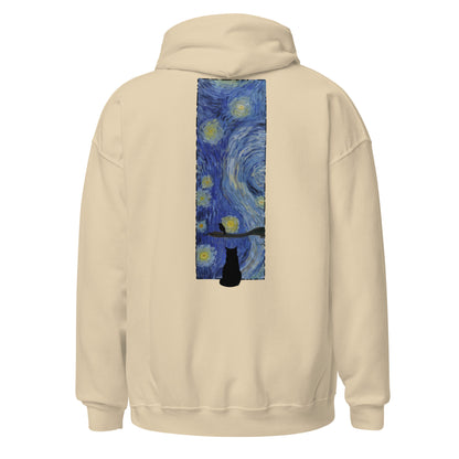 Margi logo hoodie starry night Vincent van Gogh cat looking out window, cat looking outside at bird original design hand drawn illustration sand back