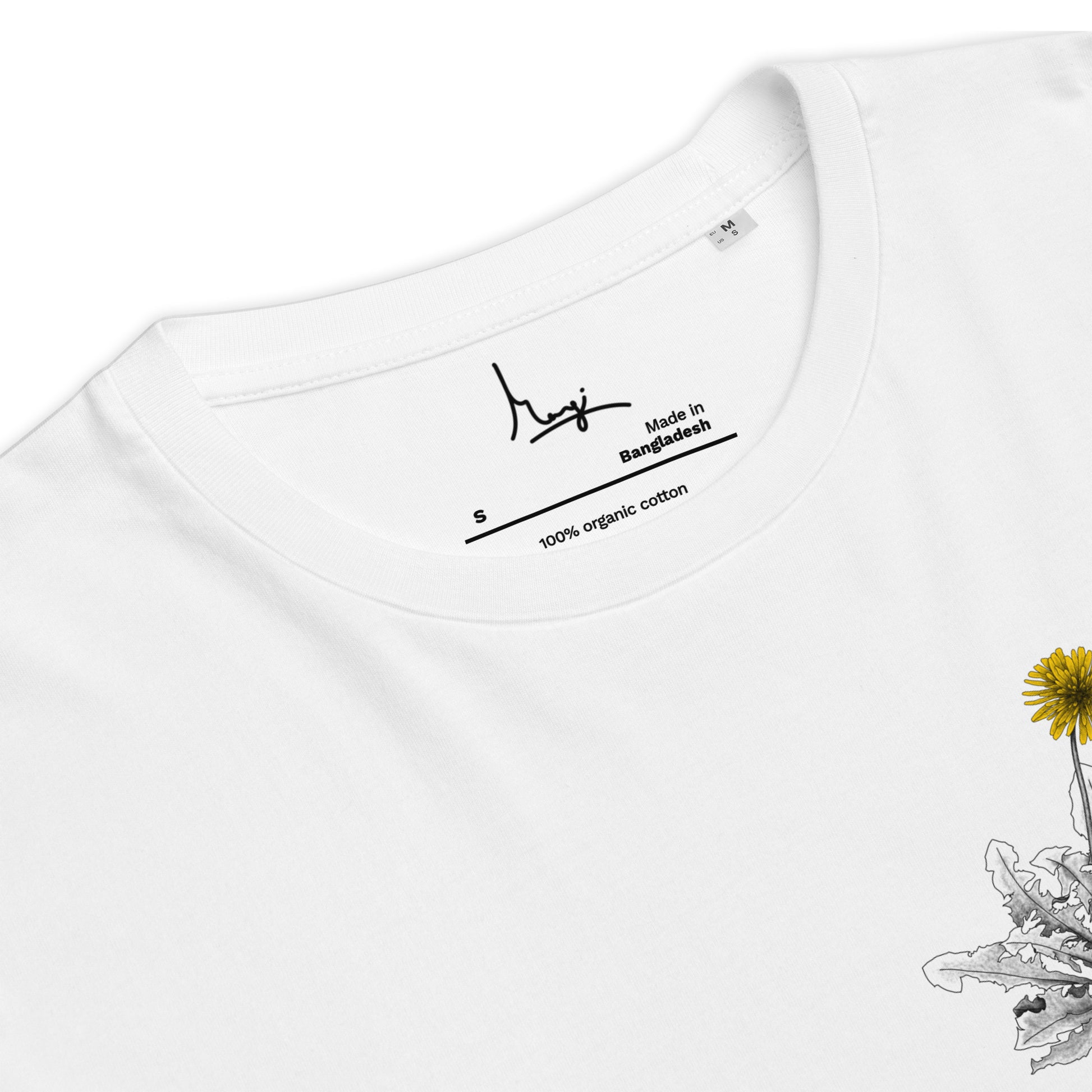 Margi dandelion black white yellow t-shirt original design hand drawn illustration white