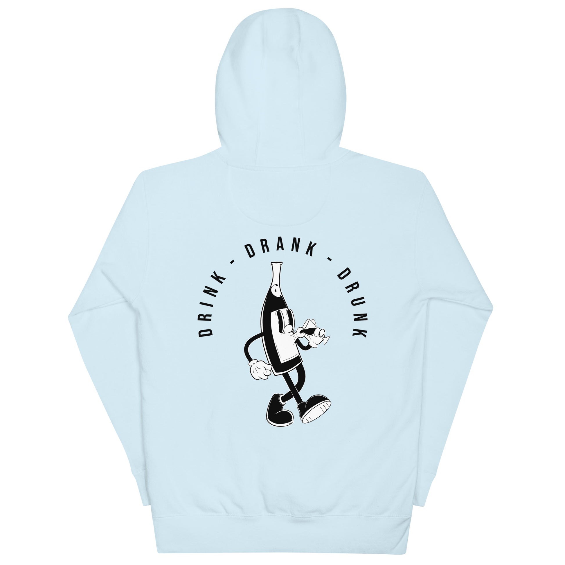 "light blue t-shirt with black cartoon-style print of a walking wine bottle holding a glass, surrounded by the words 'Drink Drank Drunk' in bold text."