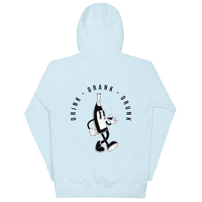 "light blue t-shirt with black cartoon-style print of a walking wine bottle holding a glass, surrounded by the words 'Drink Drank Drunk' in bold text."