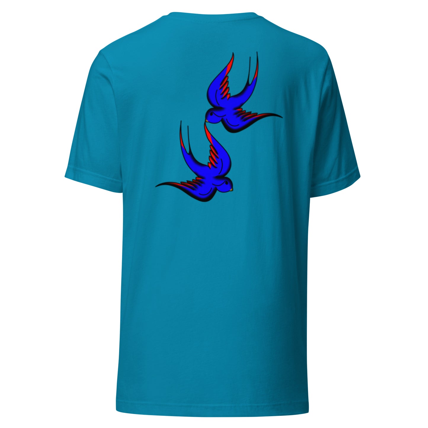 Margi logo t-shirt swallow bird original flash old american tattoo style drawing original design hand drawn illustration aqua blue  back