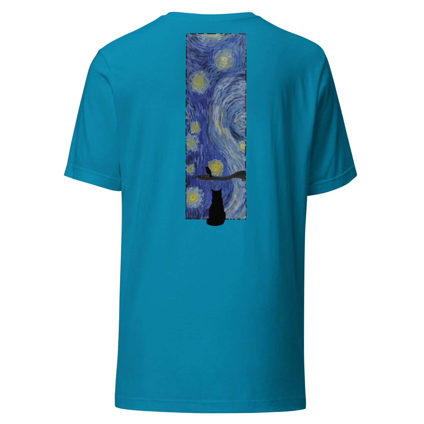 Margi logo t-shirt starry night Vincent van Gogh cat looking out window, cat looking outside at bird original design hand drawn illustration aqua bright blue back