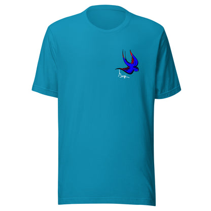 Margi logo t-shirt swallow bird original flash old american tattoo style drawing original design hand drawn illustration aqua blue 