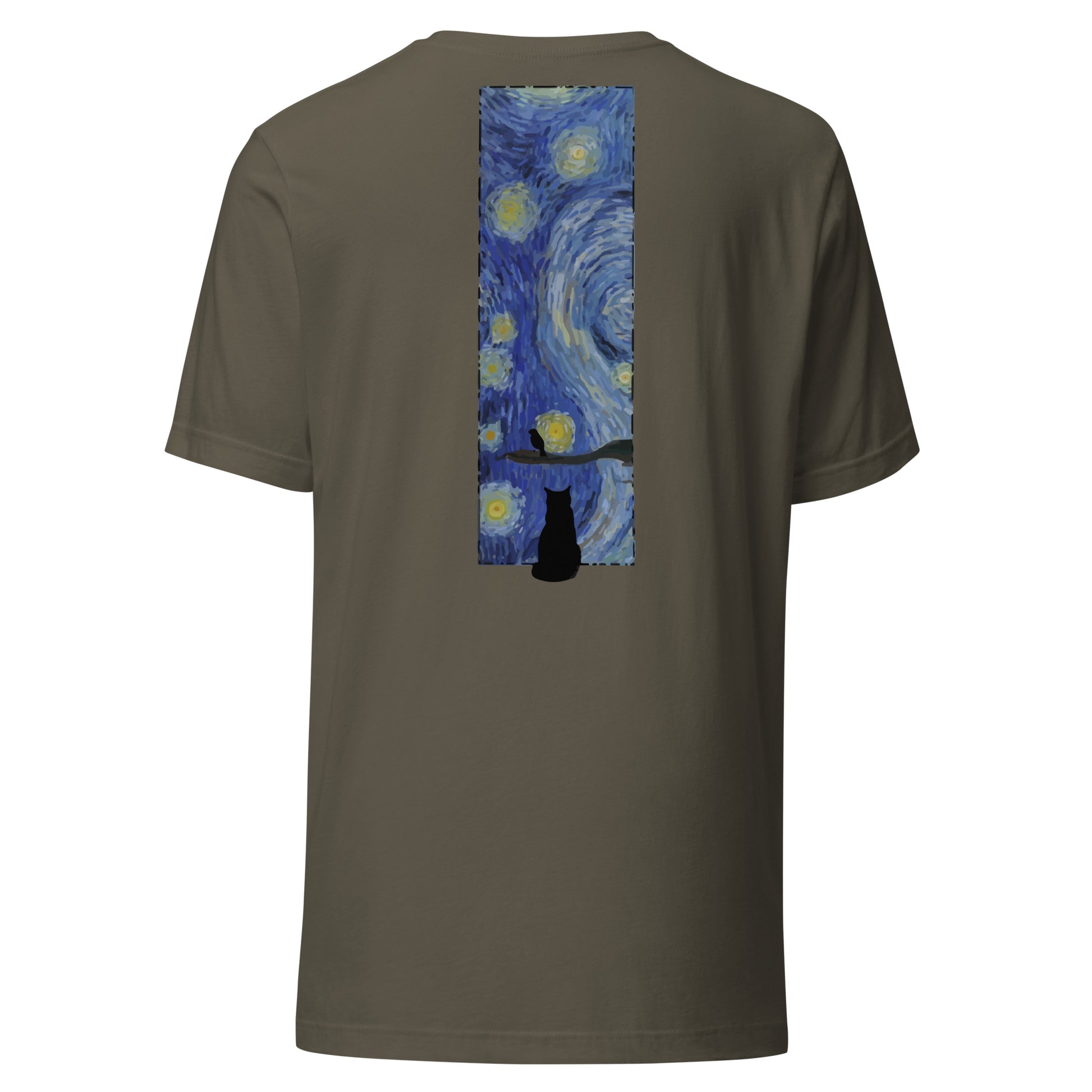 Margi logo t-shirt starry night Vincent van Gogh cat looking out window, cat looking outside at bird original design hand drawn illustration army back