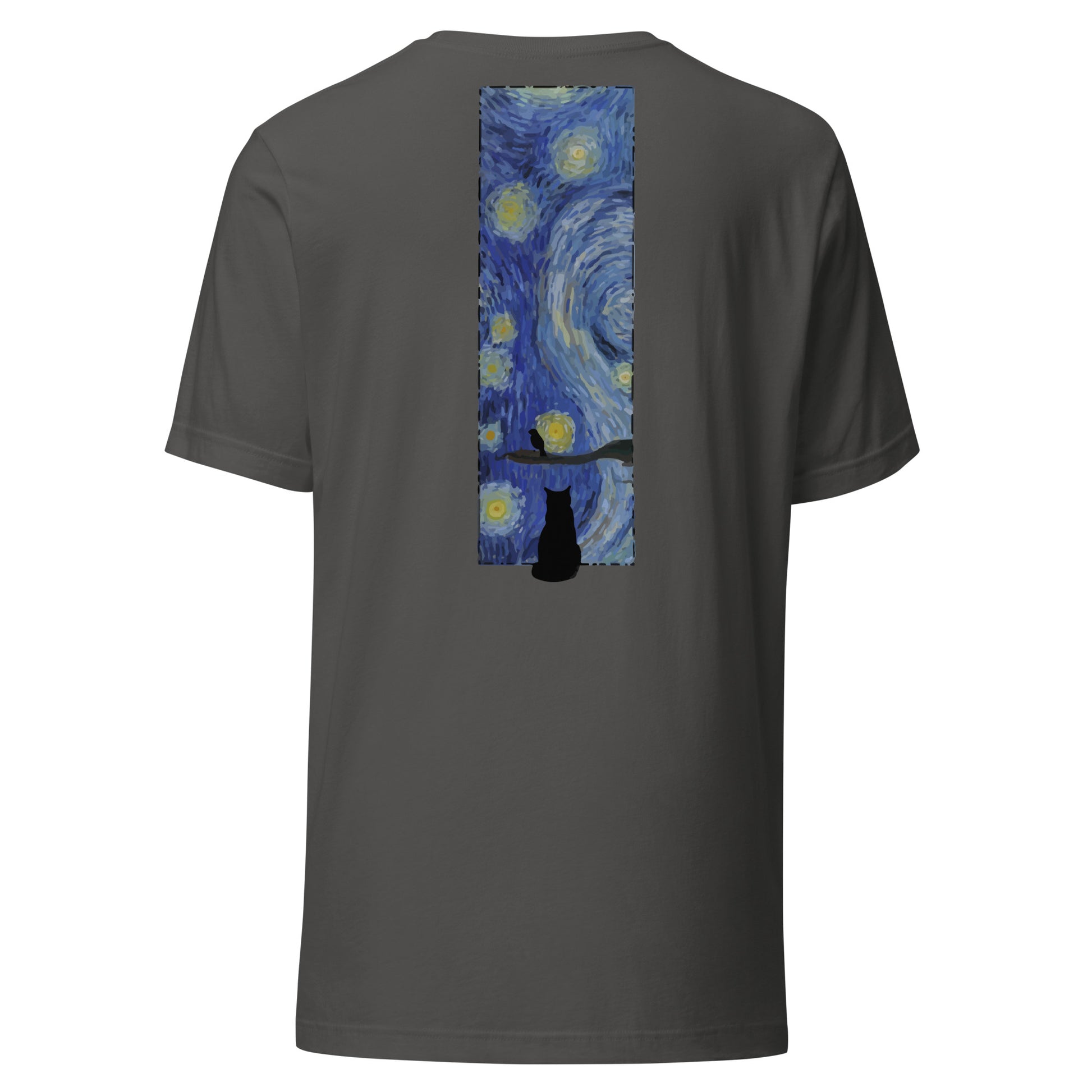 Margi logo t-shirt starry night Vincent van Gogh cat looking out window, cat looking outside at bird original design hand drawn illustration asphalt gray back