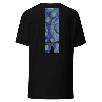 Margi logo t-shirt starry night Vincent van Gogh cat looking out window, cat looking outside at bird original design hand drawn illustration black back