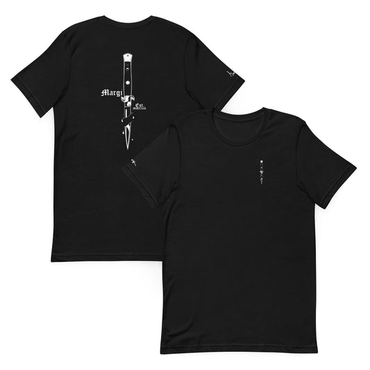 Zwarte hoodie met witte print van een cartoonstijl vlinder­mes met gezicht, omlijst door gothic tekst 'Margi' en 'Est. MMXXIII' op de rugzijde.