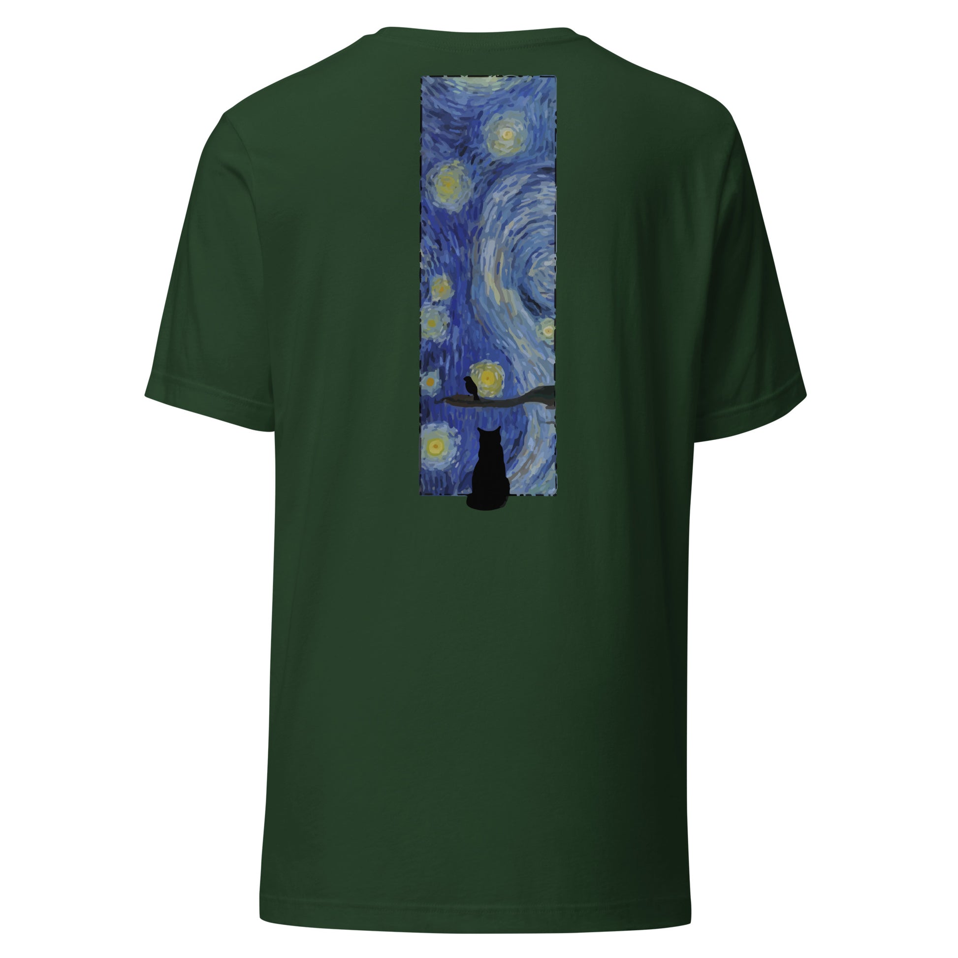 Margi logo t-shirt starry night Vincent van Gogh cat looking out window, cat looking outside at bird original design hand drawn illustration forest green back