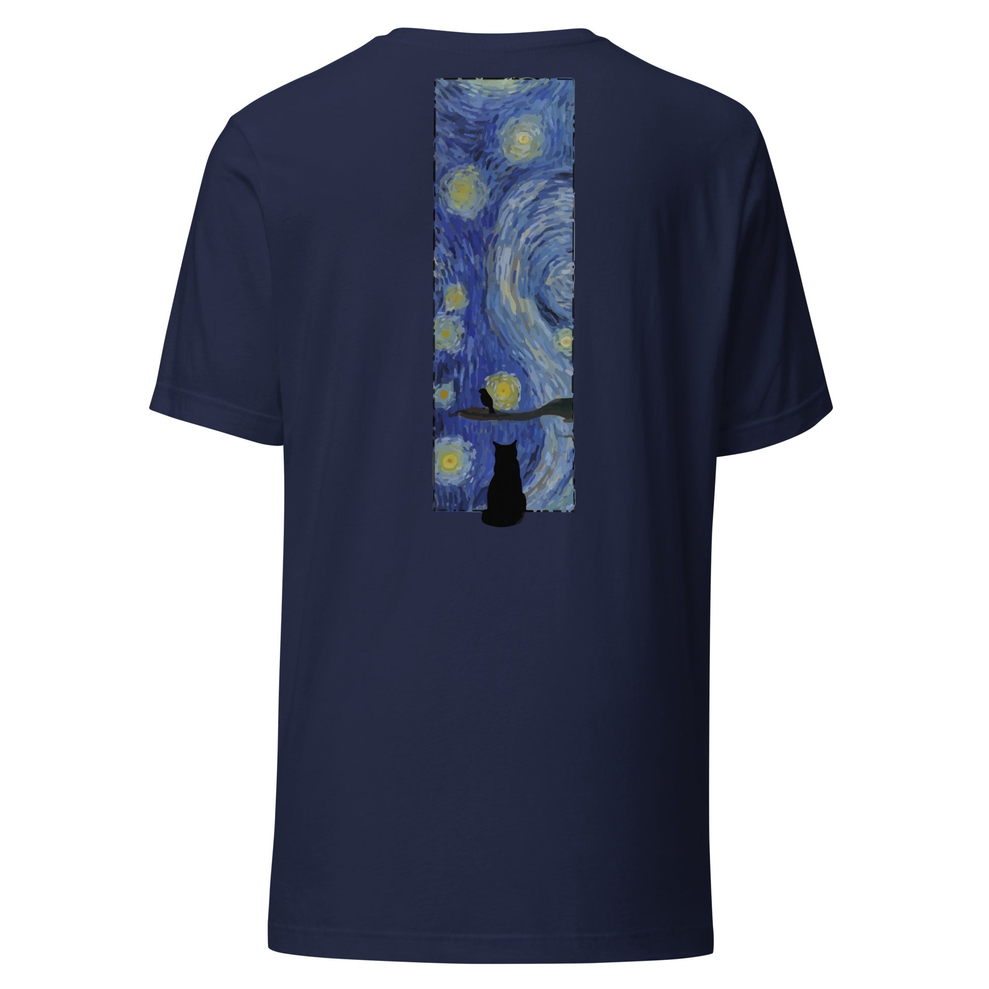 Margi logo t-shirt starry night Vincent van Gogh cat looking out window, cat looking outside at bird original design hand drawn illustration navy black