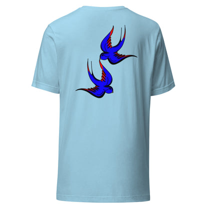 Margi logo t-shirt swallow bird original flash old american tattoo style drawing original design hand drawn illustration ocean light blue back