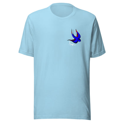 Margi logo t-shirt swallow bird original flash old american tattoo style drawing original design hand drawn illustration ocean light blue