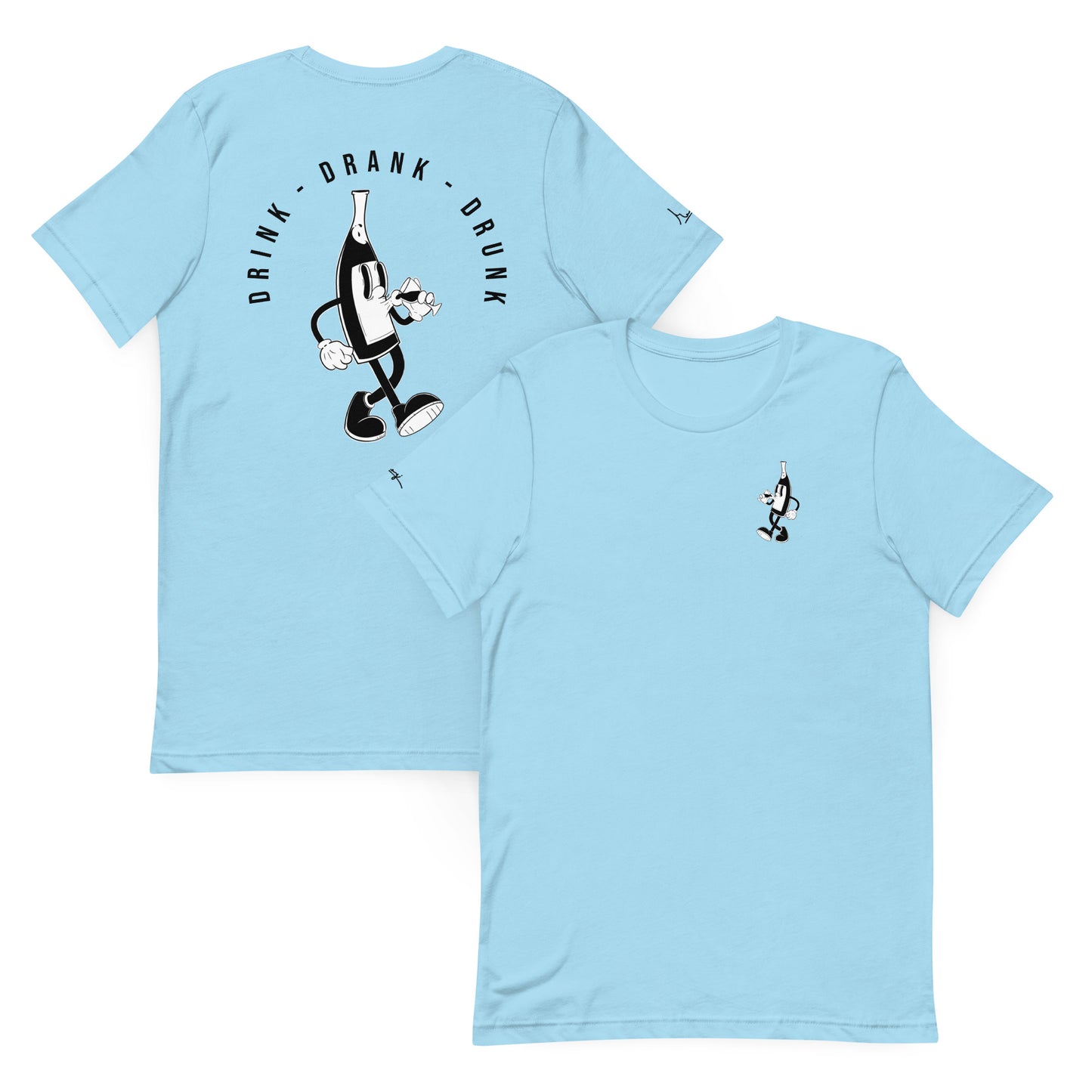"blue t-shirt with black cartoon-style print of a walking wine bottle holding a glass, surrounded by the words 'Drink Drank Drunk' in bold text."