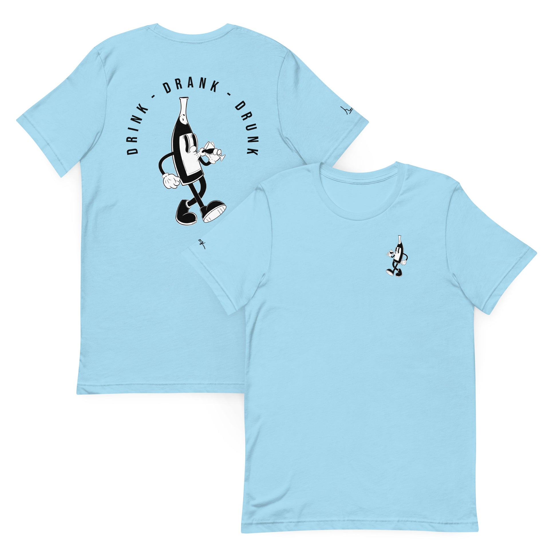 "blue t-shirt with black cartoon-style print of a walking wine bottle holding a glass, surrounded by the words 'Drink Drank Drunk' in bold text."