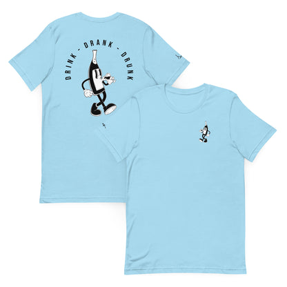 "blue t-shirt with black cartoon-style print of a walking wine bottle holding a glass, surrounded by the words 'Drink Drank Drunk' in bold text."