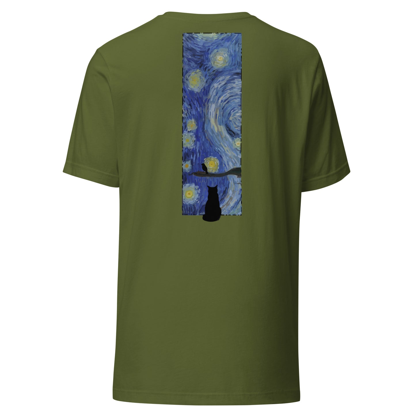 Margi logo t-shirt starry night Vincent van Gogh cat looking out window, cat looking outside at bird original design hand drawn illustration olive backµ