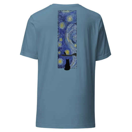 Margi logo t-shirt starry night Vincent van Gogh cat looking out window, cat looking outside at bird original design hand drawn illustration steel blue back