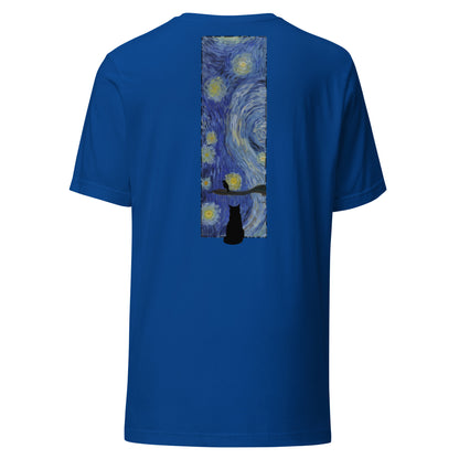 Margi logo t-shirt starry night Vincent van Gogh cat looking out window, cat looking outside at bird original design hand drawn illustration blackroyal blue back