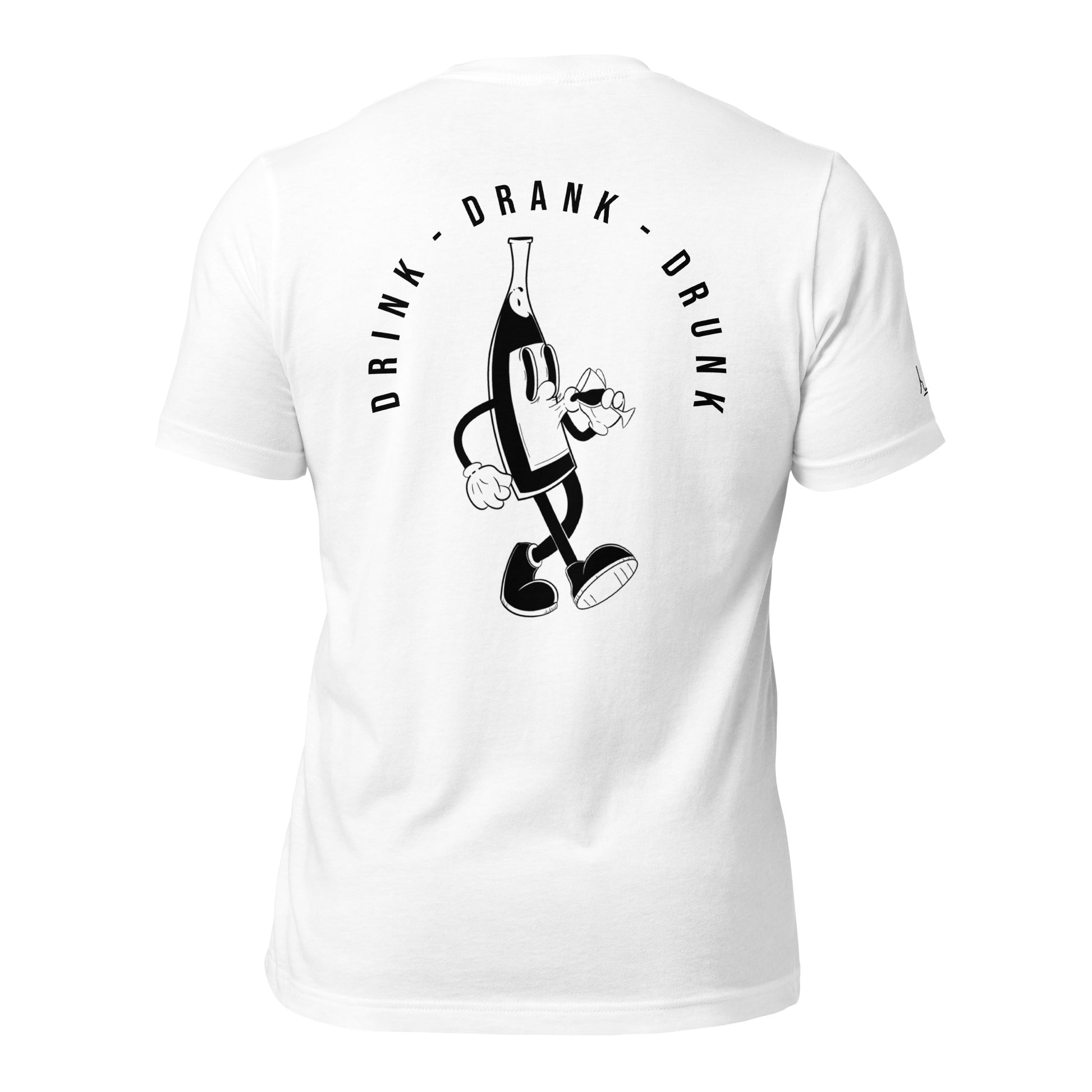 "White t-shirt with black cartoon-style print of a walking wine bottle holding a glass, surrounded by the words 'Drink Drank Drunk' in bold text."