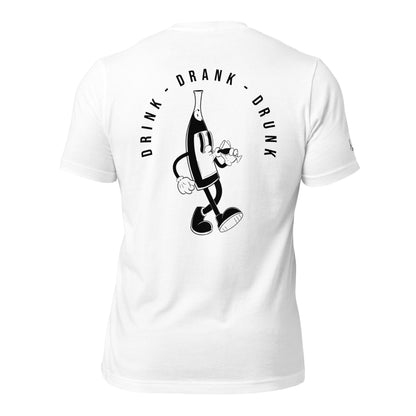 "White t-shirt with black cartoon-style print of a walking wine bottle holding a glass, surrounded by the words 'Drink Drank Drunk' in bold text."