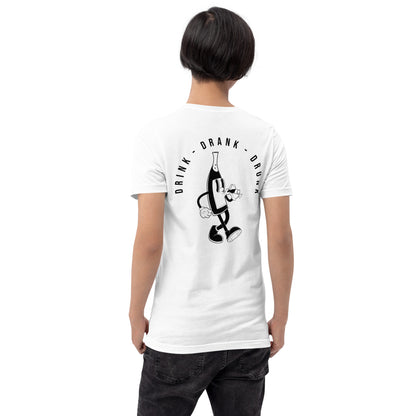 "White t-shirt with black cartoon-style print of a walking wine bottle holding a glass, surrounded by the words 'Drink Drank Drunk' in bold text."