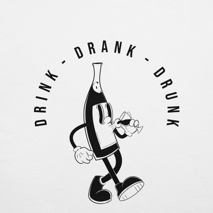 "White t-shirt with black cartoon-style print of a walking wine bottle holding a glass, surrounded by the words 'Drink Drank Drunk' in bold text."