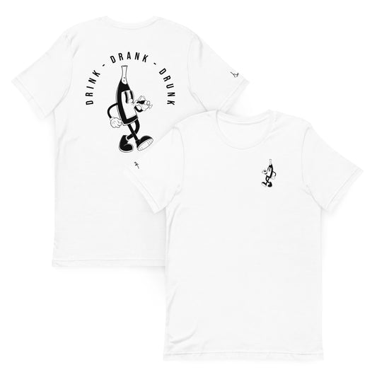 "White t-shirt with black cartoon-style print of a walking wine bottle holding a glass, surrounded by the words 'Drink Drank Drunk' in bold text."