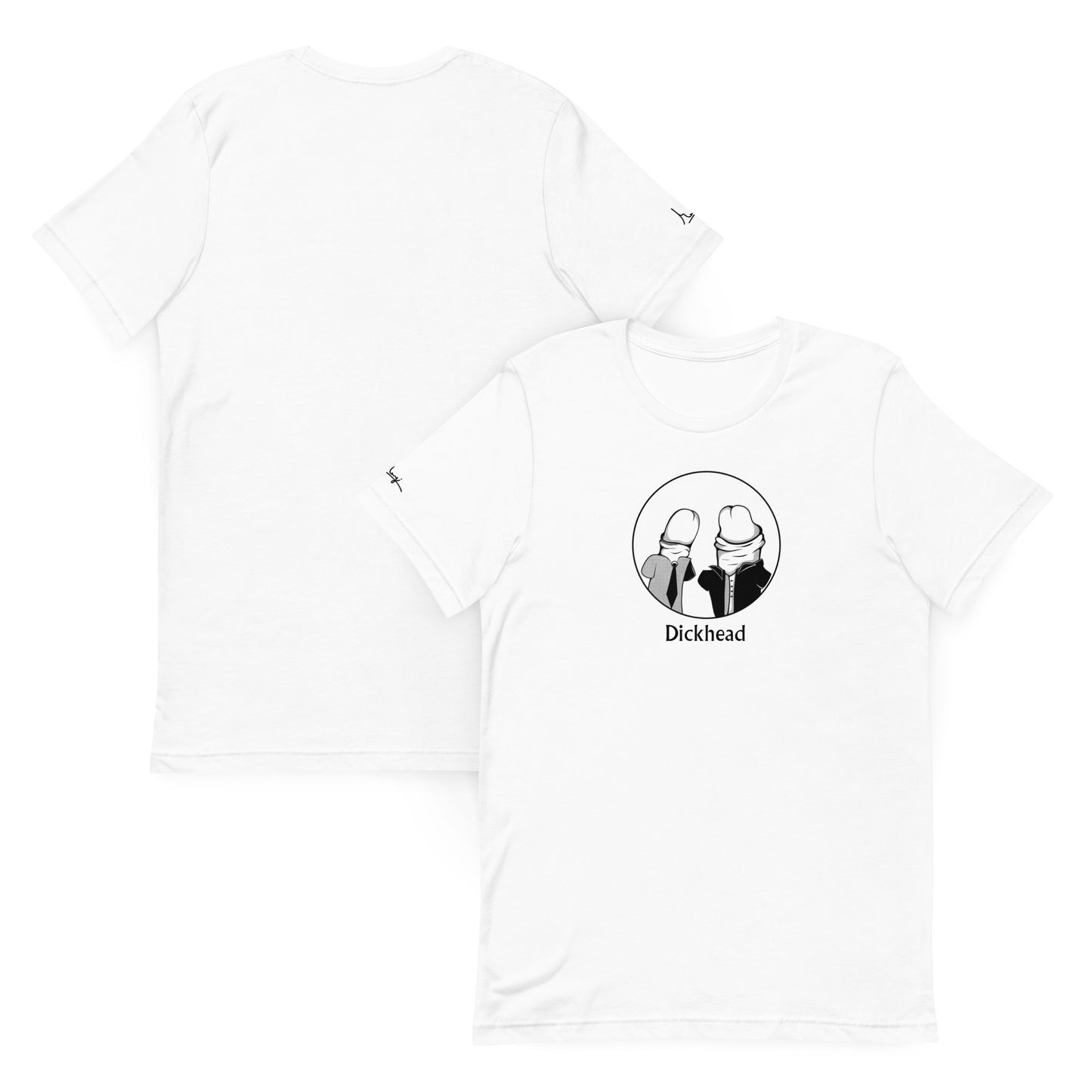 "White t-shirt with minimalist black line art of two characters with penis-shaped heads inside a circle, and the word 'Dickhead' printed below the design on the front."