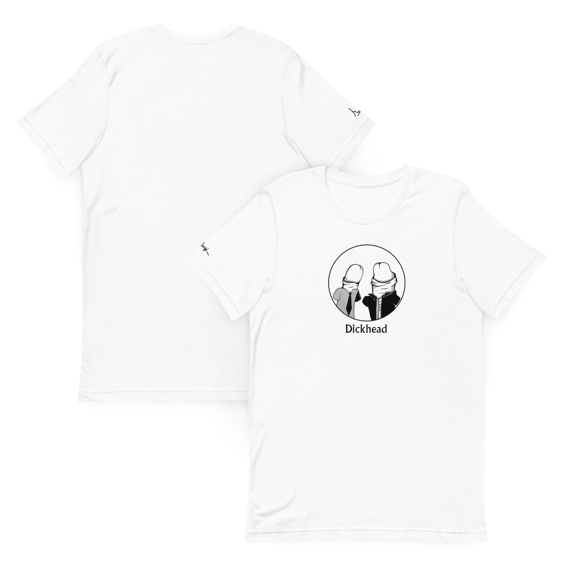 "White t-shirt with minimalist black line art of two characters with penis-shaped heads inside a circle, and the word 'Dickhead' printed below the design on the front."