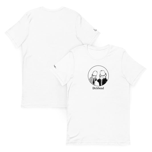 "White t-shirt with minimalist black line art of two characters with penis-shaped heads inside a circle, and the word 'Dickhead' printed below the design on the front."