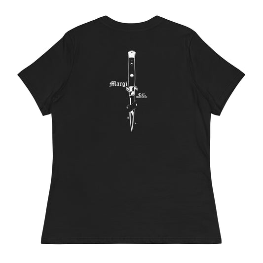 Zwarte hoodie met witte print van een cartoonstijl vlinder­mes met gezicht, omlijst door gothic tekst 'Margi' en 'Est. MMXXIII' op de rugzijde.