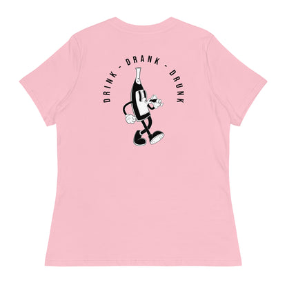 Pink t-shirt with black cartoon-style print of a walking wine bottle holding a glass, surrounded by the words 'Drink Drank Drunk' in bold text. Back.