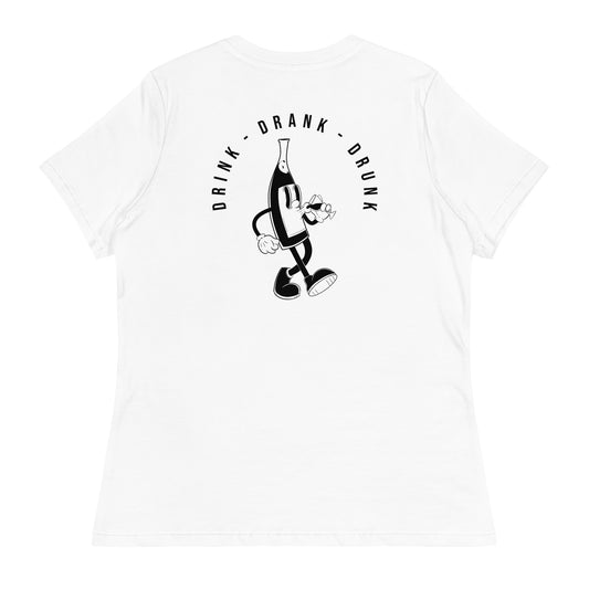 White t-shirt with black cartoon-style print of a walking wine bottle holding a glass, surrounded by the words 'Drink Drank Drunk' in bold text. Back.